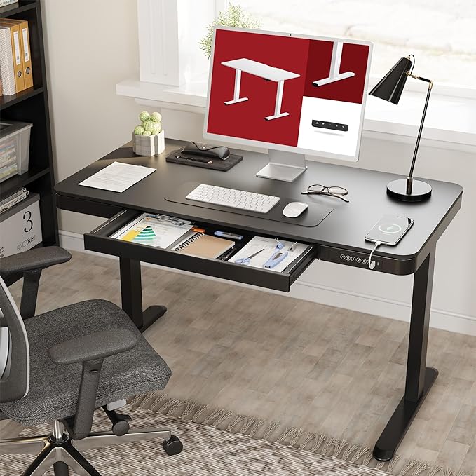 SANODESK Standing Desk with Drawer, Electric Height Adjustable Home Office Desk with Storage & USB Ports, 48 inch Black Wood Tabletop/White Frame