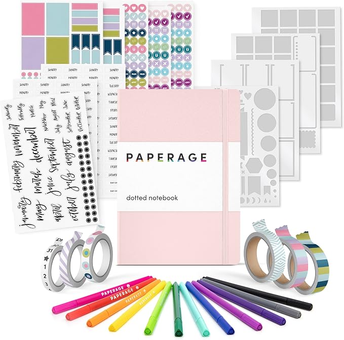PAPERAGE Bullet Journal Kit, Dotted Journaling Set & Stationary Kit, Hardcover Dotted Journal Notebook (Blush), 12 fineliner Pens, 8 Sticker & 3 Stencil Sheets, 6 Washi Tapes