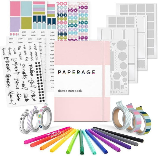 PAPERAGE Bullet Journal Kit, Dotted Journaling Set & Stationary Kit, Hardcover Dotted Journal Notebook (Blush), 12 fineliner Pens, 8 Sticker & 3 Stencil Sheets, 6 Washi Tapes