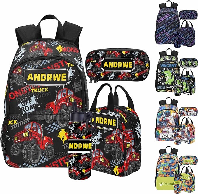 Personalized Cars Toddler Backpack with Name Custom Kids School Backpack for Boys Back to School Supplies Customized Name Schoolbag Bookbag and Water Bottle Cup&Pencil Pouch for Preschool Elementary
