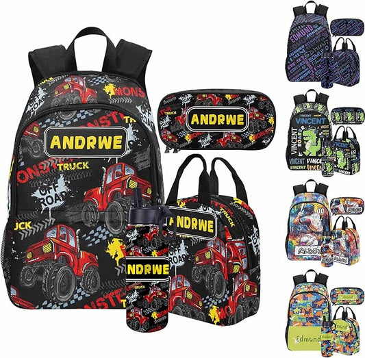 Personalized Cars Toddler Backpack with Name Custom Kids School Backpack for Boys Back to School Supplies Customized Name Schoolbag Bookbag and Water Bottle Cup&Pencil Pouch for Preschool Elementary