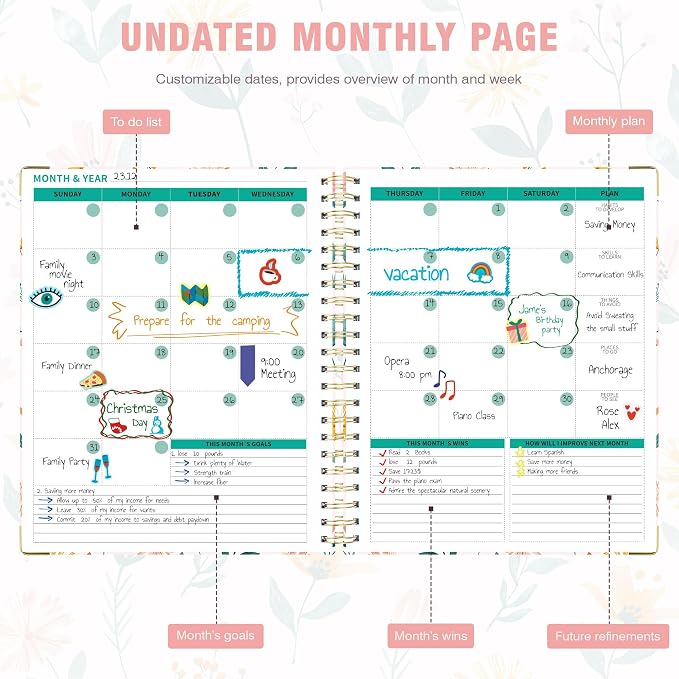 Ospelelf Undated Spiral Bound Planner 2026 Daily, Weekly and Monthly Planners, Pink Teacher Planner 12 Month 8.5 x 11