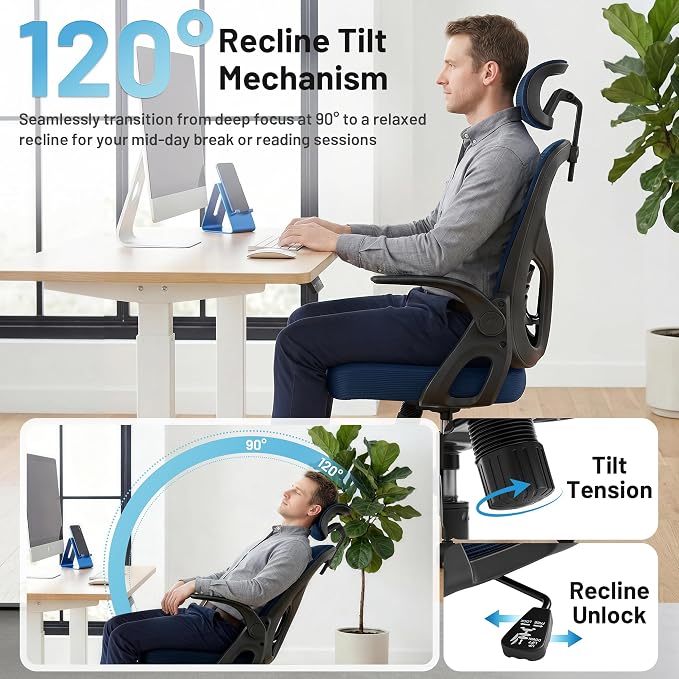 Office Chair Ergonomic Desk Chair with Adjustable Headrest Lumbar Support, High Back Breathable Mesh Chair with 120° Tilt & Flip-Up Armrests, Swivel Comfy Task Computer Chair for Work, Study