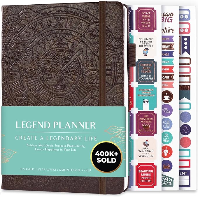 Legend Undated Weekly Planner – Goal Planner Journal & Organizer Notebook – Agenda Book with Monthly Calendar & To-Do List, A5 (Dark Brown)