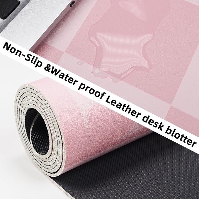 AFIING Pink Checkered Desk Mat, 31.5" x 12"，Waterproof PU Leather Desk pad | Non-Slip Rubber Base, Easy Clean Surface, Desk Protection, Office & Home