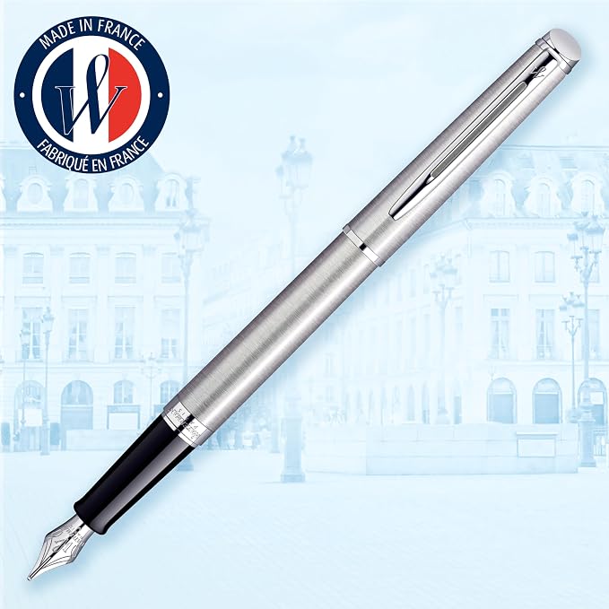 Waterman Hémisphère Fountain Pen, Stainless Steel with Chrome Trim, Medium Nib with Blue Ink Cartridge, Gift Box