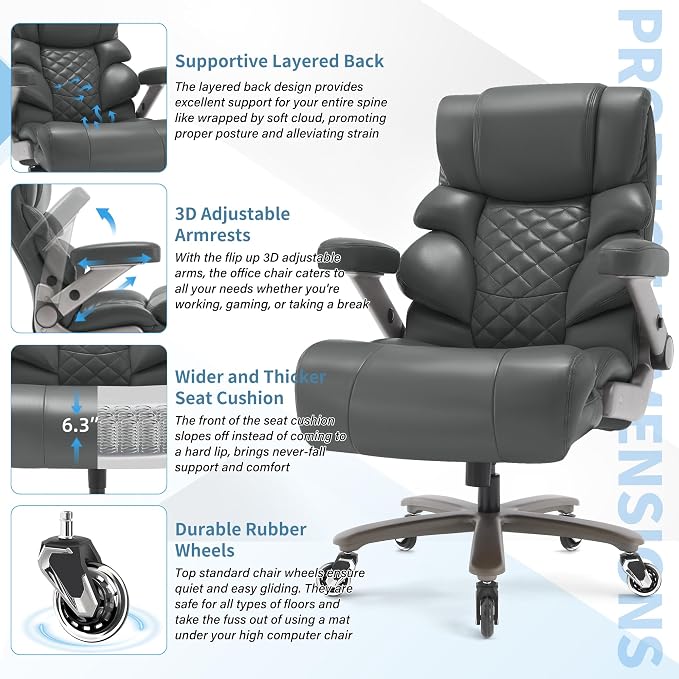 VUZI 700lbs Big and Tall Office Chair, Large Executive Leather Desk Chair | Adjustable Lumbar Support for Back Pain, Plus Size Wheels, 3D Flip Arms, Heavy Duty Metal Base, Wide Seat Computer Chair