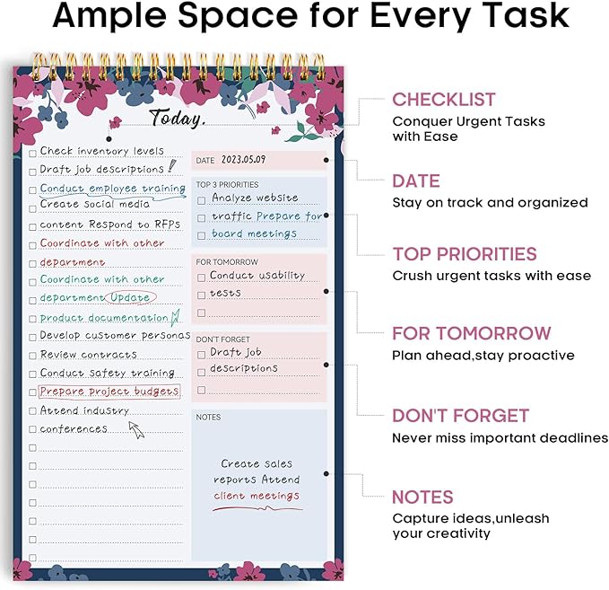 Taja To Do List Notepad - To Do List Notebook for Work with 52 Sheets, 9.8" x 6.5", Undated Daily Planner Perfect for Daily Tasks and Goal Setting, Notepad Suitable for Office, Home & School - Twilight Petals