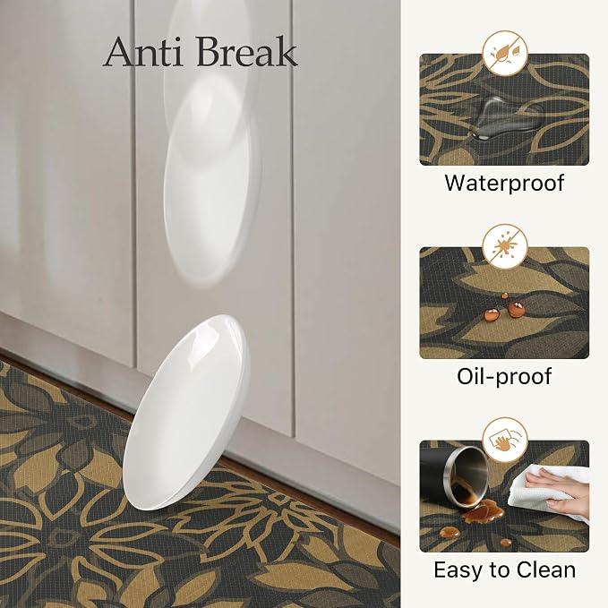 GENIMO Anti Fatigue Kitchen Mats for Floor 2PCS, Cushioned Standing Mats | 17.3"x59"&17.3"x30", Black Brown vintage floral rug set, waterproof, non slip, easy-clean for farmhouse