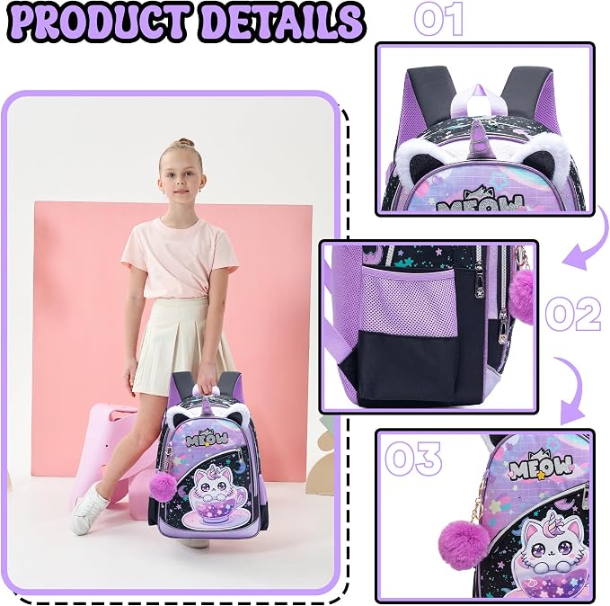 Meetbelify Backpack for Girls School Backpack with Lunch Box for Elementary Student Teen Girls Cute Cat School Bag Kids Bookbag for Girls 8-10 Purple