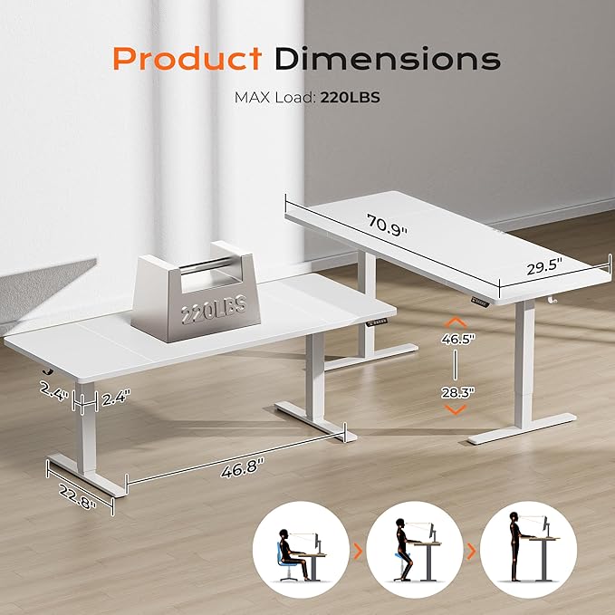 Huuger 71 x 30 Large Electric Standing Desk, Height Adjustable Computer Desk, 29.5" Deep Desktop, Stand up Gaming Office Table with 2 Hooks, 3 Preset Heights, for Home Office, White