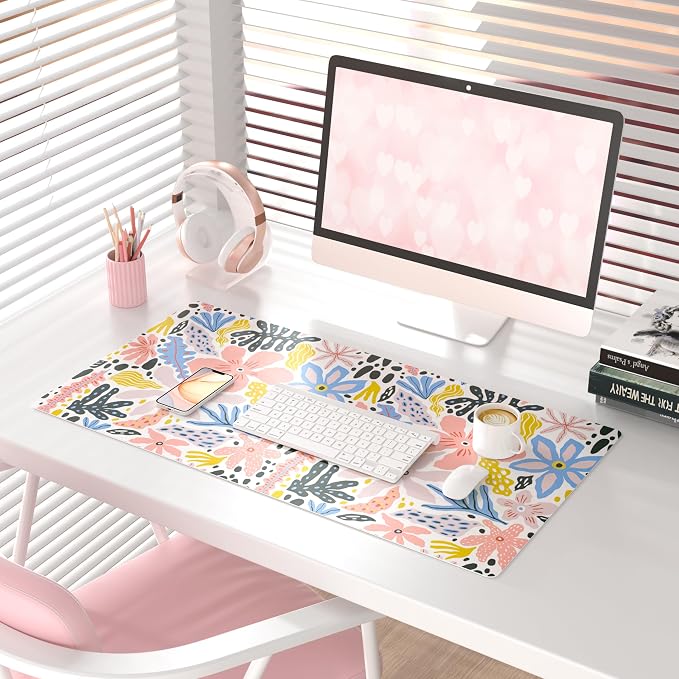 QiyI Floral Large Mouse Pad, Cute Desk Mat for Desktop, Women Girls Desk Accessories Office Décor, PU Leather Waterproof Big Gaming Mousepad, Doodle Flowers Desk Pad Computer Mat, 31.5" x 15.7"