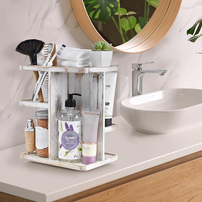 Sorbus 360° Makeup Organizer - Grey Rustic Wood Make Up Storage Carousel for Cosmetics, Skin Care Rotating Makeup Organizer for Vanity, Bathroom Storage