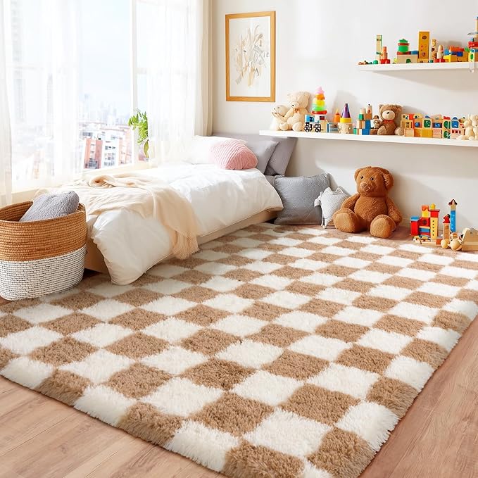 Area Rugs for Living Room 9x12, Ultra Fluffy Shag Checkered Rug Modern Washable Carpet Soft Shaggy Non Slip Indoor Plush Fuzzy Rugs for Bedroom Dorm Office Home Aesthetic Decor, Cream and Camel
