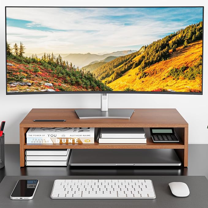 BONTEC Walnut Monitor Stand Riser, 21.3 Inch 2-Tier Wood Desk Shelf for Monitor & Laptop, Desktop Organizer with Cable Management and Phone Holder, Ergonomic Computer Riser, 66 lbs Capacity