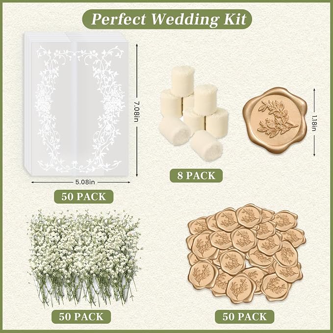 Wedding Invitation Accessories Kit, Pre-Folded Vellum Jackets for 5×7 Invitations with Wax Seal Stickers, Ribbon & Dried Flowers, Elegant Wedding Invitation Accessories for DIY Bridal Invites (White Vines, 50)