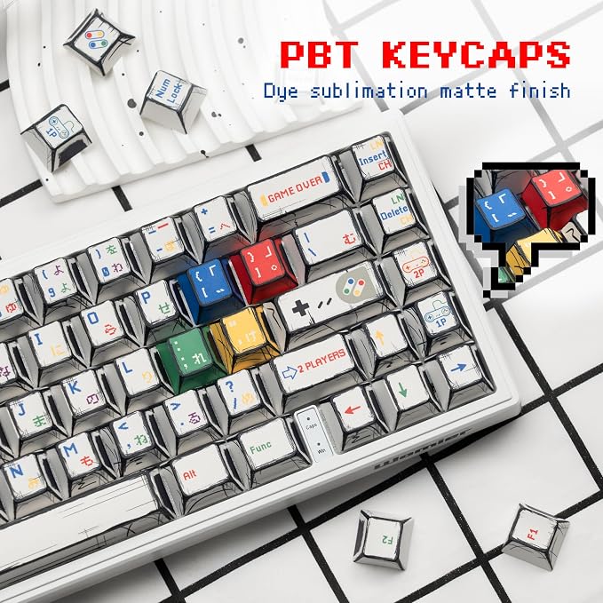Retro Anime PBT Keycaps-Cherry Keycaps, Custom Keyboard Key caps 60 65 75 100 Percent, 5 Side Dye Sublimation 137 Keys Set for Cherry Gateron MX Switches Keyboards, White (Classic Game Theme)