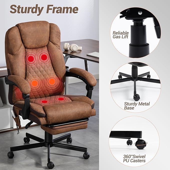 Heated Massage Executive Office Desk Chair with Footrest - Brown | 6 Points Vibration Massage System, 5 Massage Modes, 3 Target Areas (Back,Lumbar,Seat), Reclining 90°-135°