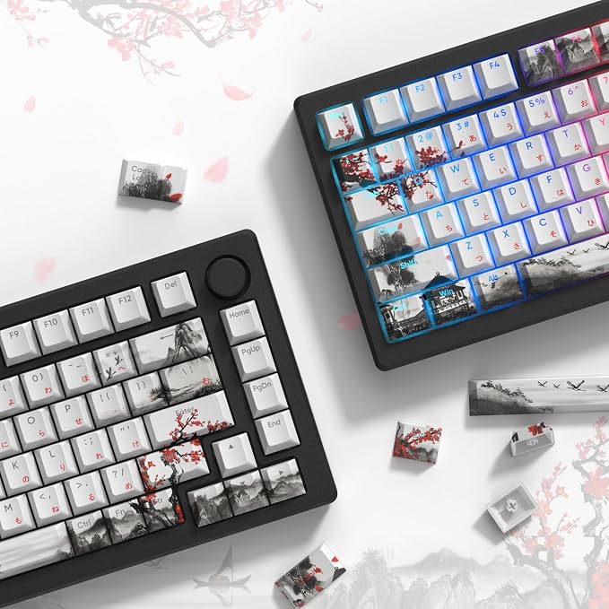 Womier PBT Keycaps Set 130 Keys, Custom White Japanese Keyboard Doubleshot Dye Sub Side Print Shine Through Keycaps 60 65 75 100 Percent, Cherry Profile