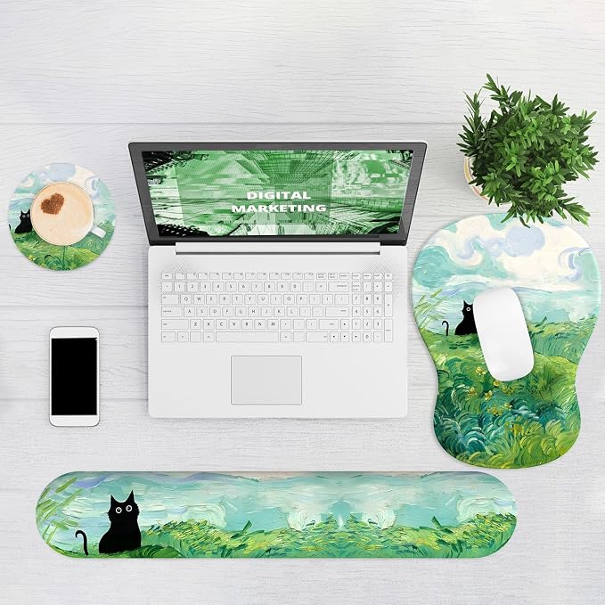 Ergonomic Mouse Pad with Wrist Rest and Keyboard Wrist Rest, Gel Mousepad and Wrist Rest for Computer Keyboard, Pain Relief, Non-Slip PU Base, Mouse Pad with Wrist Support for Gaming, Office, Cat