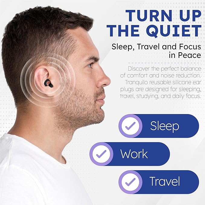 Tranquilo Ear Plugs for Sleeping, Up to 28dB Noise Reduction – Soft Reusable Silicone Earplugs for Snoring, Side Sleepers, Travel & Study – 8 XS-L Tips + Carrying Case (Black)