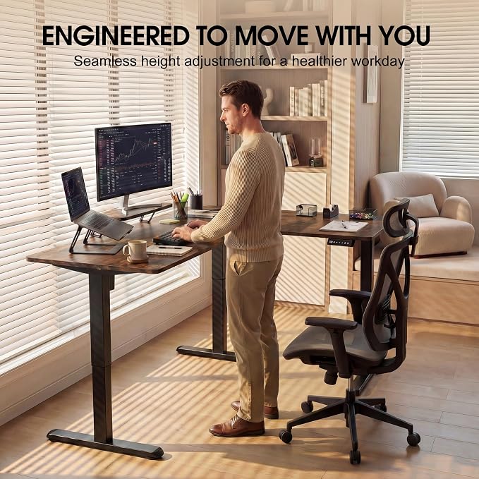 Furmax 63 x 47 Inch L Shaped Standing Desk with 2 Preset Heights, Electric Height Adjustable Computer Desk, Corner Sit Stand Desk for Home Office, 2 Hooks & Feet Balance (Rustic Brown, 63 x 47 Inch)
