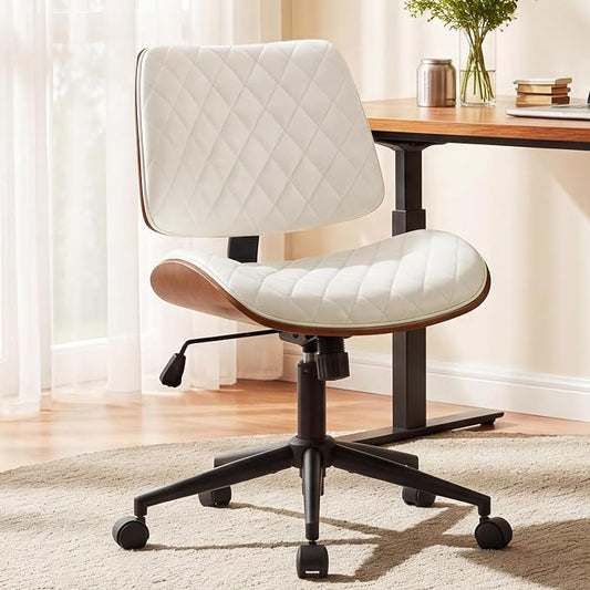 Furnimart Wooden Armless Desk Chair with Wheels, 360° Swivel Faux Leather Vanity Chair for Bedroom, Small Office Computer Task Chair for Home & Compact Spaces (PU White)