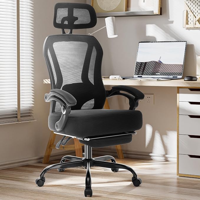 Ergonomic Office Chair with Footrest,Ultra Thick Desk Chair,Black | 150°Reclining,Mesh High Back,Adjustable 2D Lumbar Support and Headrest,4.8" Spring Cushion,Premium Computer Chair for Adults
