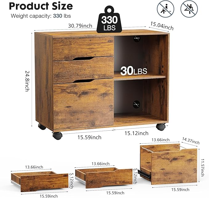 DUMOS Wood File Cabinet with 3 Drawers, Rolling Printer Stand | Under Desk Storage Organizer Home Office Space with Shelves for Files and Office Supplies, Rust