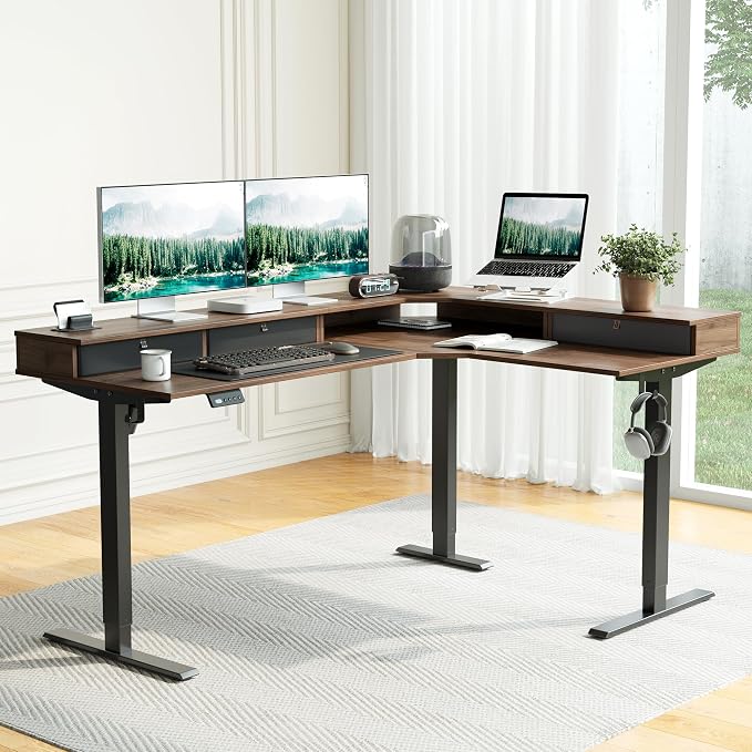 CubiCubi L Shaped Standing Desk with Drawers 63 x 48 Inch Adjustable Height, Electric Corner Desk with Storage, Sit Stand Home Office Desk with Splice Board, Black Walnut
