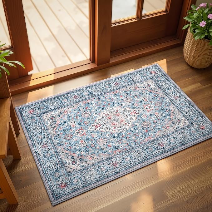 Blue Small Washable Area Rug, 2x3 Boho Vintage Entryway Rugs, Soft Non Slip Floral Door Mat, Aesthetic Low Pile Carpet for Front Door Entry Carpets Entrance Bedroom Kitchen