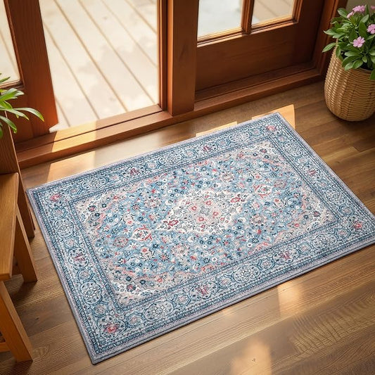 Blue Small Washable Area Rug, 2x3 Boho Vintage Entryway Rugs, Soft Non Slip Floral Door Mat, Aesthetic Low Pile Carpet for Front Door Entry Carpets Entrance Bedroom Kitchen