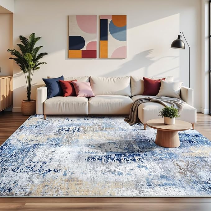 Macgace Washable Abstract Rug, 4x6 Modern Area Rugs with Non-Slip Rubber Backed for Living Room, Thin but Soft Contemporary Carpet Kitchen Bedroom Decor, Midnight Blue