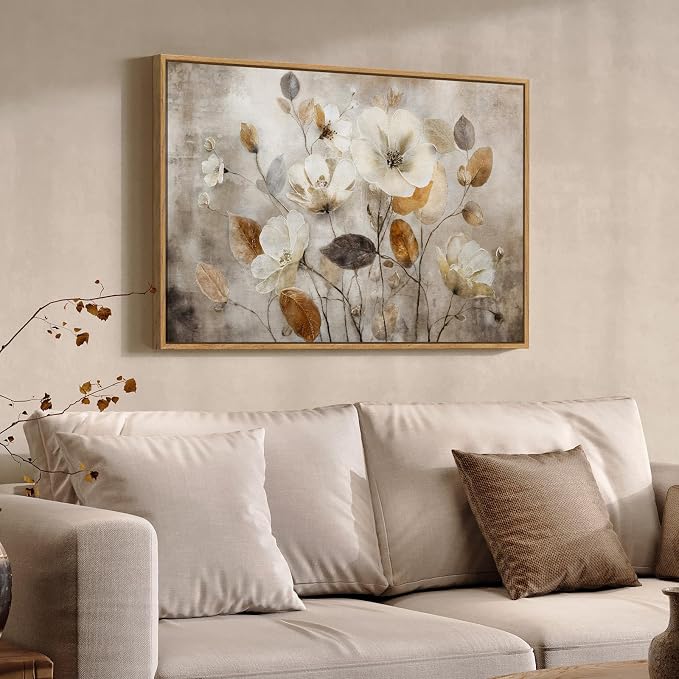 Framed Vintage Neutral Floral Wall Art for Living Room, Brown Botanical Flower Aesthetic Canvas Artwork for Walls, Farmhouse Rustic Painting Print for Bedroom Dining Room Hallway Wall Decor, 36X24 In