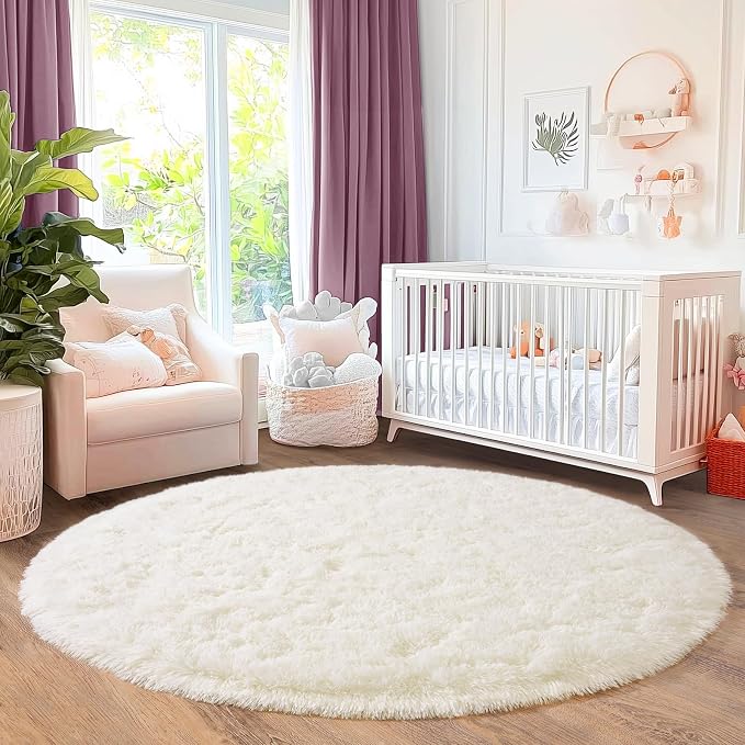 5'x5' Cream Round Rugs for Girls Bedroom, Ultra Soft Fluffy Circle Rug for Kids Room, Cute Shag Rugs for Living Room Playroom Tent Castle Home Decor Rug