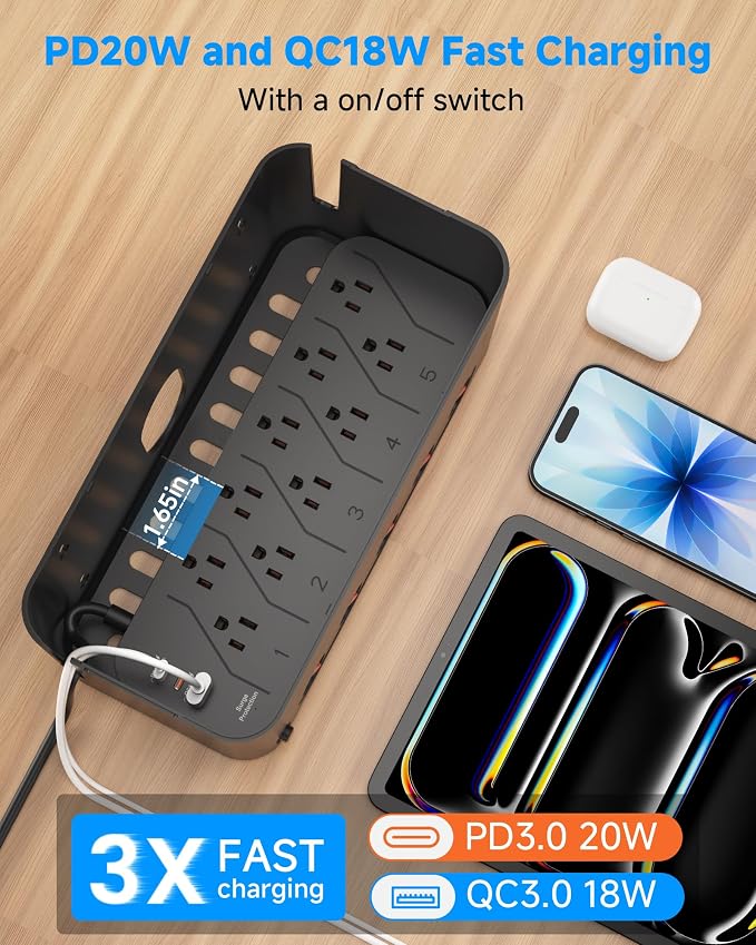 Power Strip with Cable Management Box, Large Cable Organizer Box, Black | Power Strip Box with 10 AC and 3 USB,6 ft Flat Plug Extension Cord,Outlet Hider Charging Station,Hidden Desk Cord Organizer