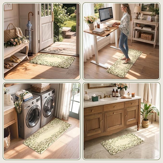 KIMODE Anti Fatigue Kitchen Mats for Floor 17"x47"+17"x29", Farmhouse Leaf Kitchen Rugs Sets of 2, Cushioned Kitchen Floor Mats, Buttercream Laundry Room Rugs for Sink Desk Kitchen Decor Bedroom