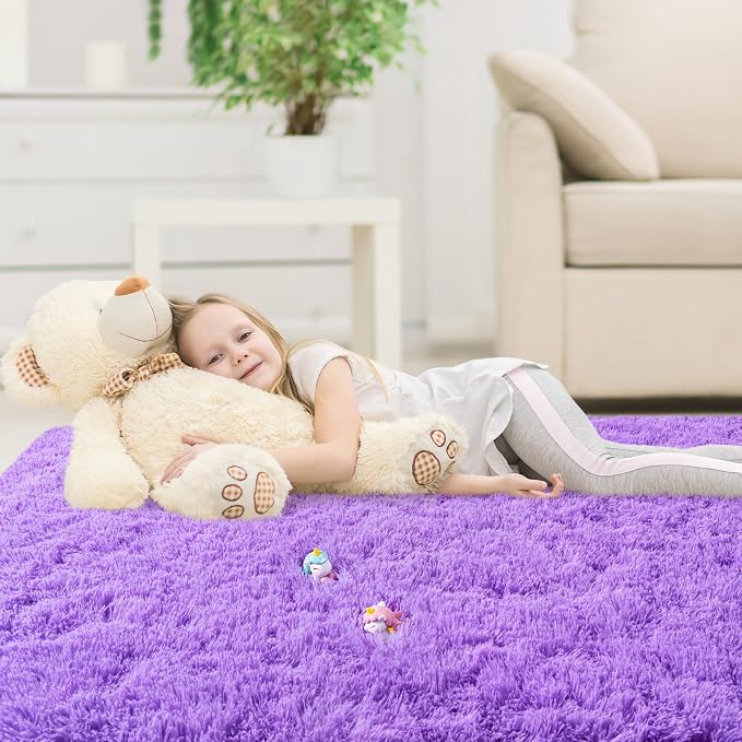 9x12 Area Rugs for Living Room, Purple Fluffy Shaggy Rug Soft Carpets, Big Rugs for Bedroom Nursery Kids Room Dorm Home Decor Aesthetic