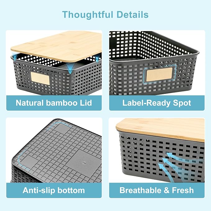 Bagnizer 4 Pack Plastic Storage Bins with Bamboo Lids, 6.2qt Stackable Storage Organizer Box with Lable for Pantry Shelves Drawers Desktop Office, 12"L x 8.3"W x 3.5"H, Gray