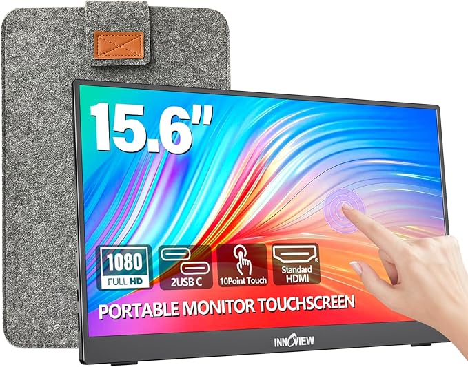 InnoView Portable Monitor Touchscreen 15.6" 1080P 10-Point Touch Screen Monitors Portable with Protective Sleeve Built-in Stand, 1200:1 HDMI USB C Travel Monitor for Laptop, PC, Mac, Phone, Switch