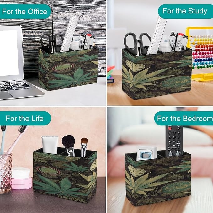 A Puff in Time Weed Marijuana Leather Pen Holder Exquisite Leather Pen Cup Pen Container Multifunctional Desktop Storage Box Round Pencil Cup Organizer for Office Home Desk Decor