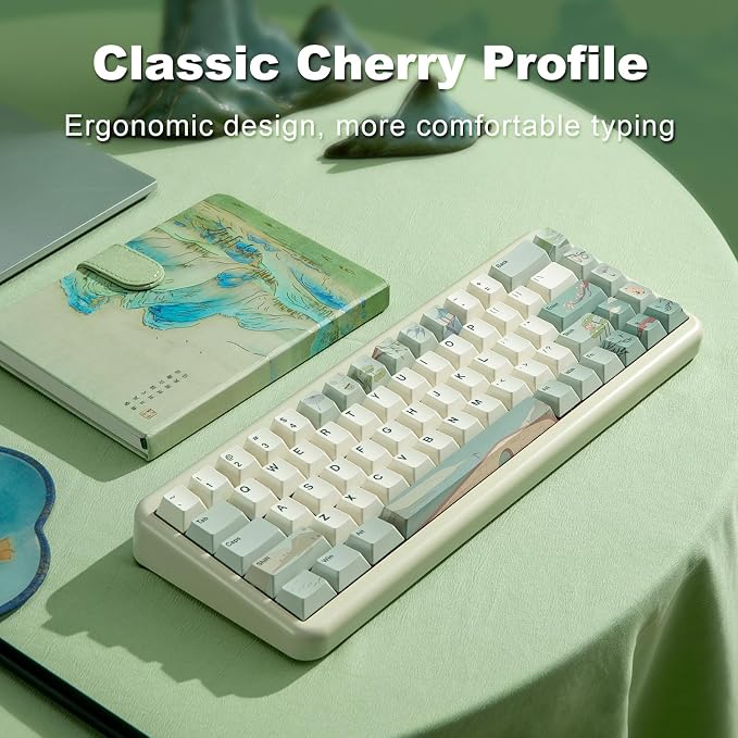 YUNZII Spring Tea Dye Sub PBT Keycaps,140 Full Keys Dye Sublimation PBT Custom Keycap Set with Key Puller for Cherry Gateron MX Switches Mechanical Gaming Keyboard (Cherry Profile, Spring Tea)