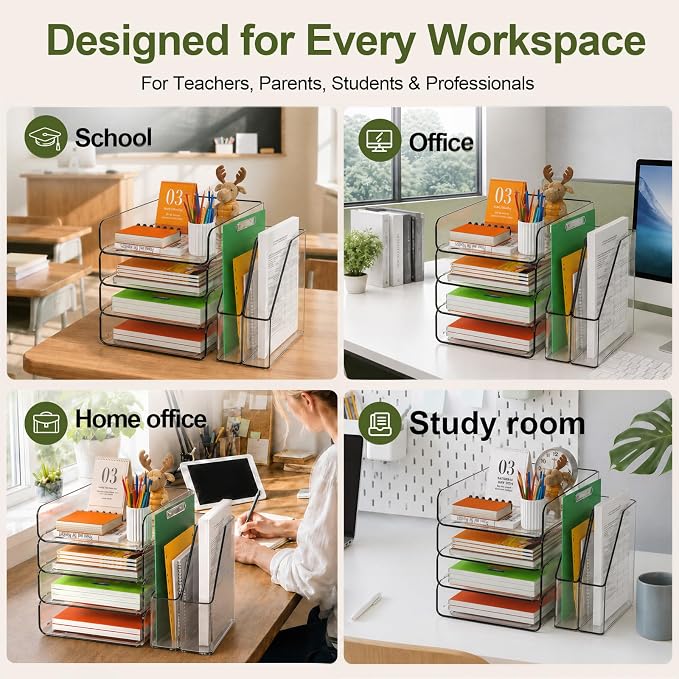FANXIYQ 4-Tier Acrylic Paper Tray Organizer with Bookends, Paper Organizer | Tool-Free Stackable 1-4 Tier Design with 2 Bookends for Files, Folders and A4 Paper; For School, Home Office and Study Room