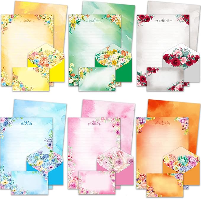 Anzon Mories 72 Pieces Cute Stationary Writing Paper and Envelope Set (2 Sides Colored, 1 Side Lined) 48 Sheets, 24 Pcs Envelopes, Flower Letter Stationery Floral Decoration (Inches, 5.5 x 7.5)