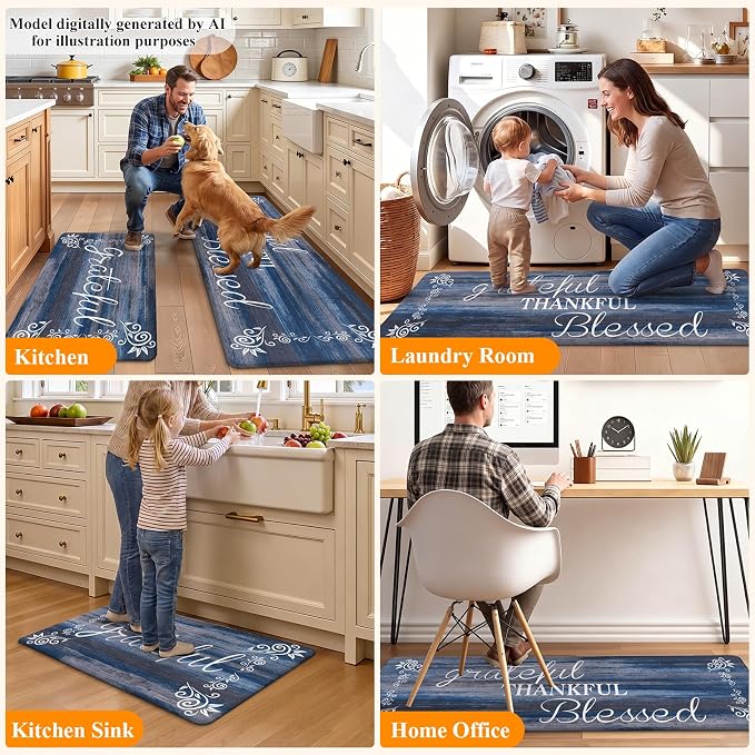 HEBE Anti Fatigue Kitchen Rugs Set of 2, Non Slip Cushioned Kitchen Mats for Floor, Waterproof Farmhouse Kitchen Carpet Set Comfort Standing Desk Mat for Sink,Office,Laundry