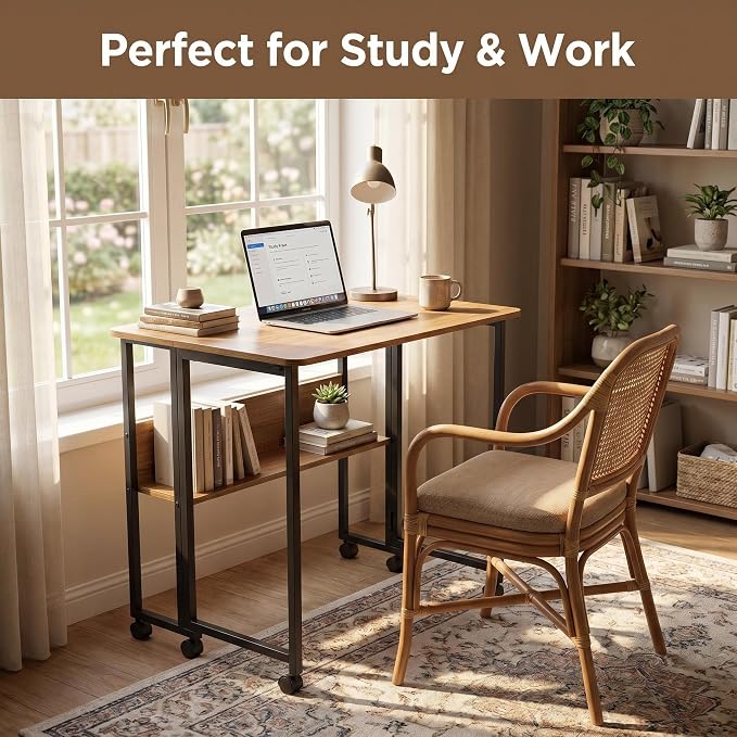 Mobile Foldable Desk w/ 6 Wheels,Portable Rolling Small Computer Desk w/Storage Shelves, Folding desks for Small Spaces, Computer Table for Home Office Bedroom Living Room-Brown