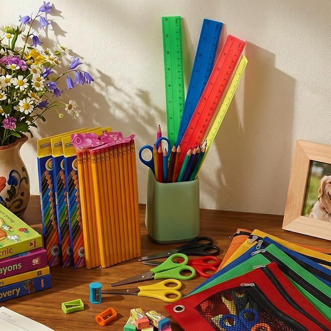 210 Pcs Back to School Supplies Kit 30 Sets Teacher Supplies Bulk for Student Classroom Neon Mesh Pouch Colored Pencils Teacher Back to School Supply Kit for Elementary Essentials Bundle