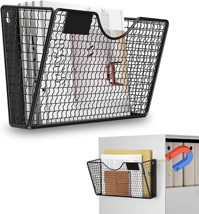 MFTEK Magnetic File Holder, 1 Pockets Magnetic File Folder Holder No Drilling Magnet Paper Mail Organizer Magazine Basket, Hanging Wall Storage Rack for Fridge Cabinets Office Classroom