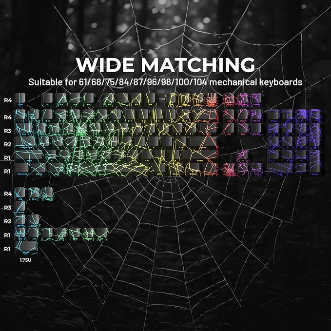 HITIME x XVX Spider Web Keycaps 60 75 100 Percent - Shine Through Keycaps w/IMD Tech, for Mechanical Keyboards, Full 118 Key Set, OEM Profile, Lines Backlit, Side Printed - Black