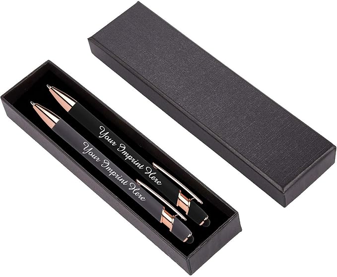 ExpressDesigns™ - Personalized Pens Gift Set - 2 Pack of Rose Gold Soft Touch Metal Pens w/gift box - Luxury Ballpoint Pen Custom Engraved with Name | Perfect for Him or Her (Gray - Black)